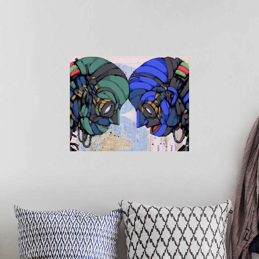 A bohemian room featuring Pop art painting of two robot heads leaning together.