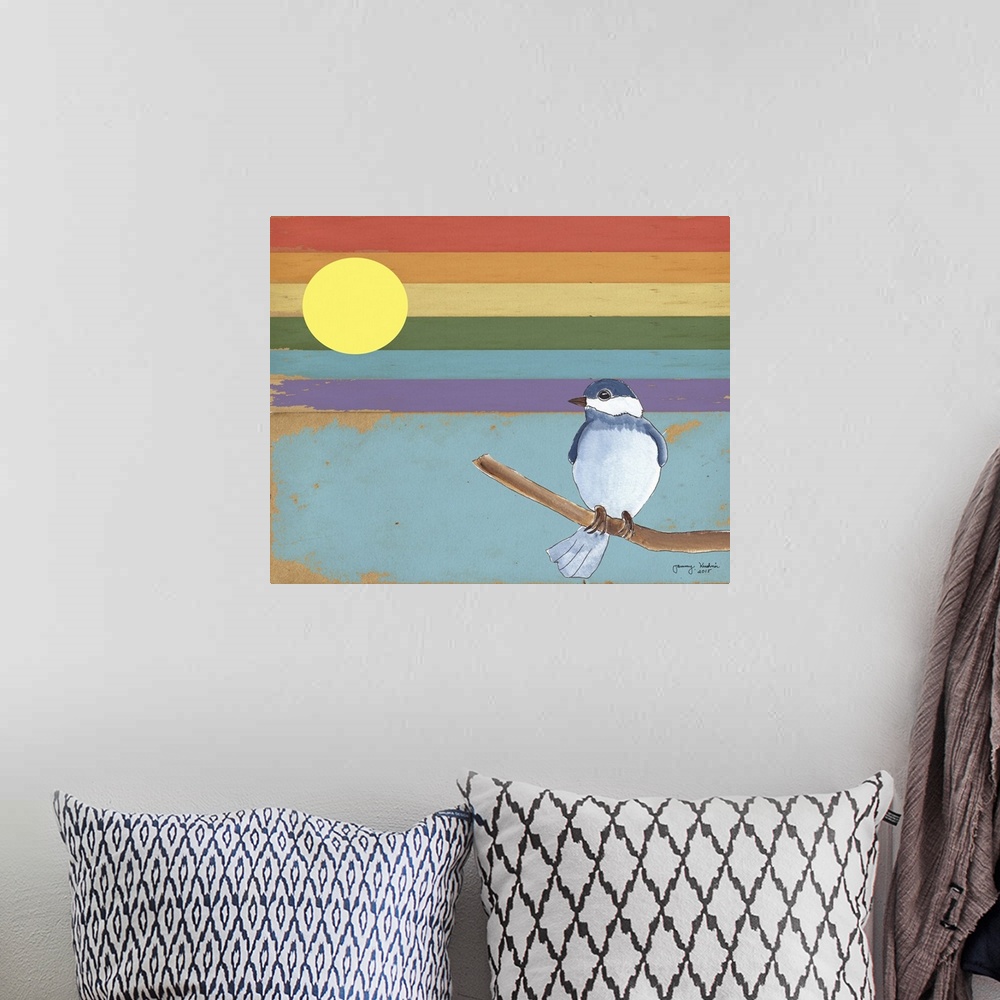 A bohemian room featuring Drawing of a bird on a striped rainbow background.