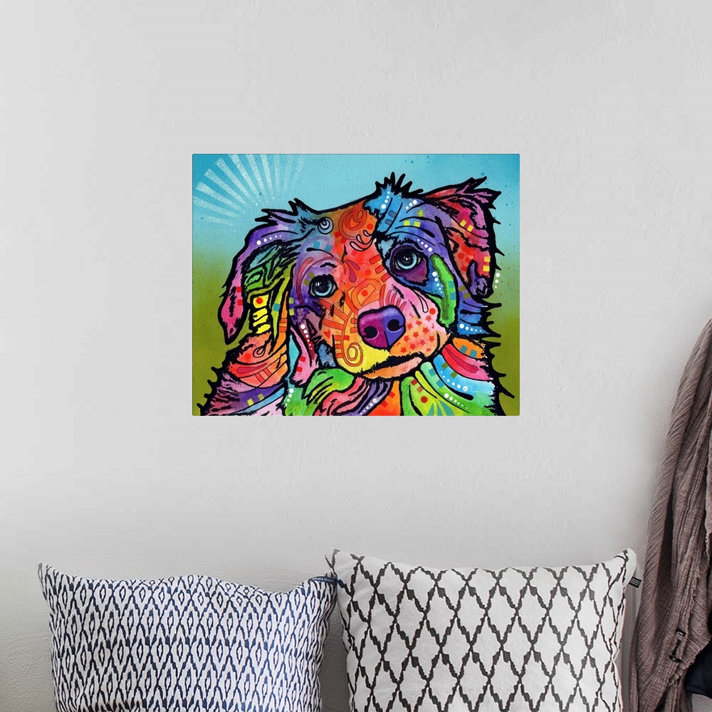 A bohemian room featuring Colorful illustration of a dog with abstract markings on a blue and green background.