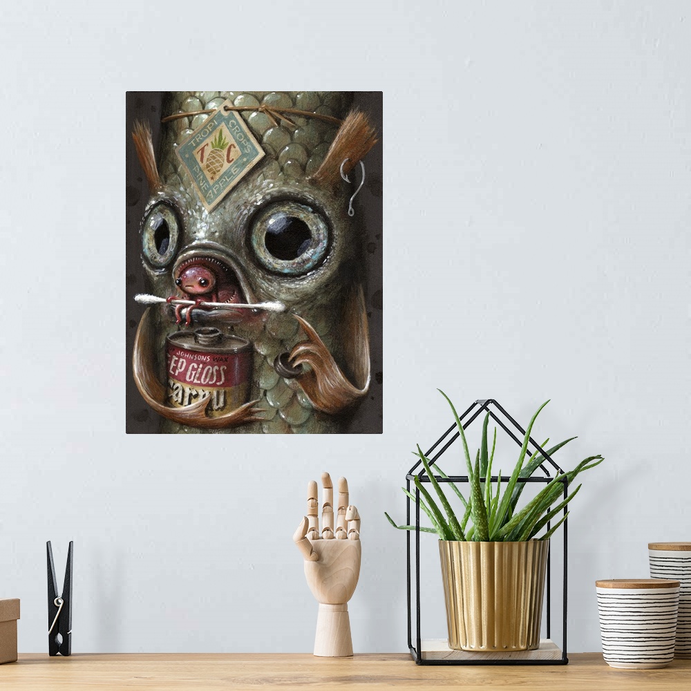 A bohemian room featuring Surrealist painting of an aquatic type animal with a little red animal where the mouth should be ...