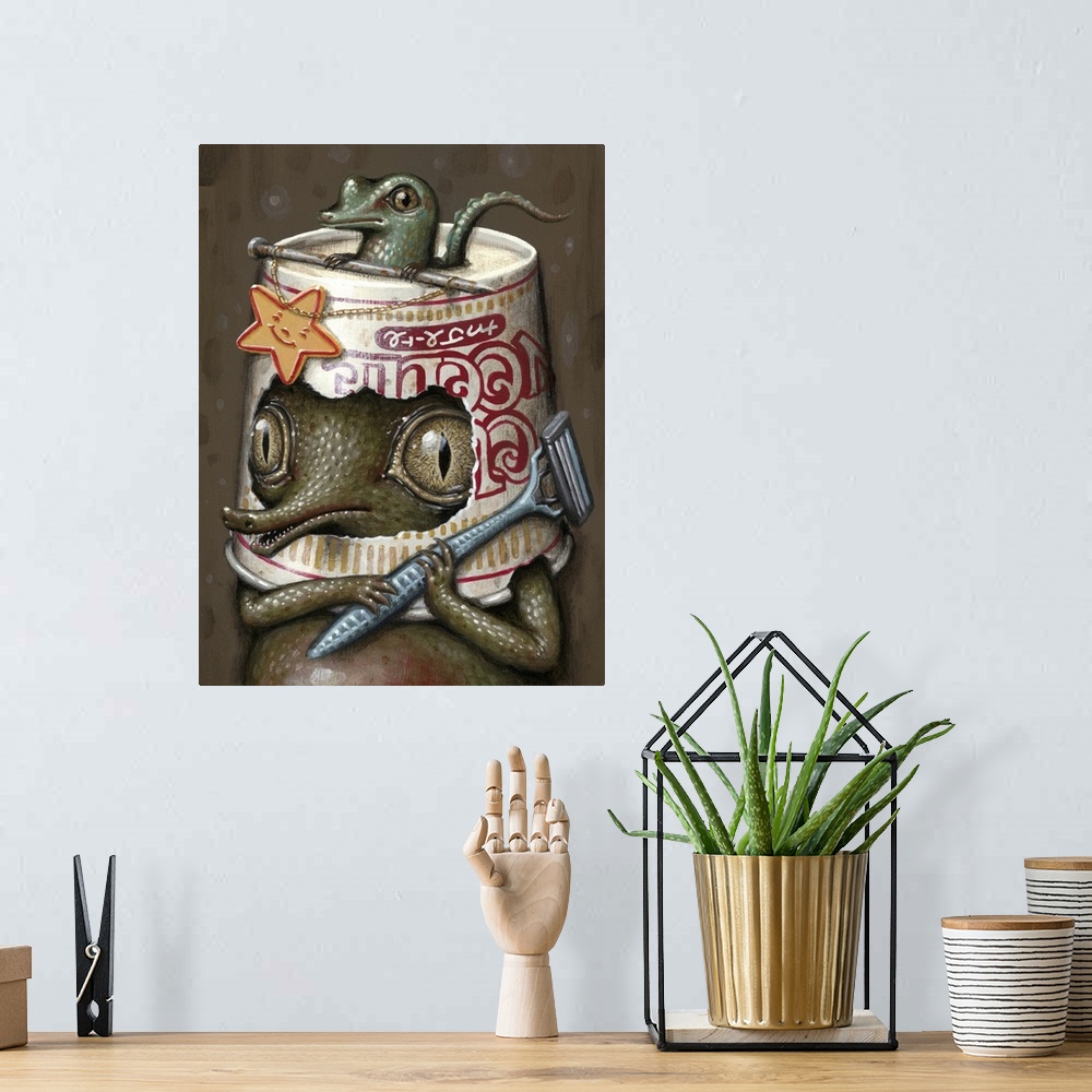 A bohemian room featuring Surrealist painting of an alligator wearing a cup-o-noodles container for a hat and holding a dis...