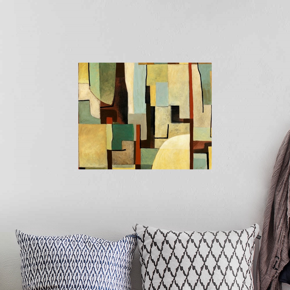 A bohemian room featuring Contemporary abstract painting warm and cool tones in geometric shapes.