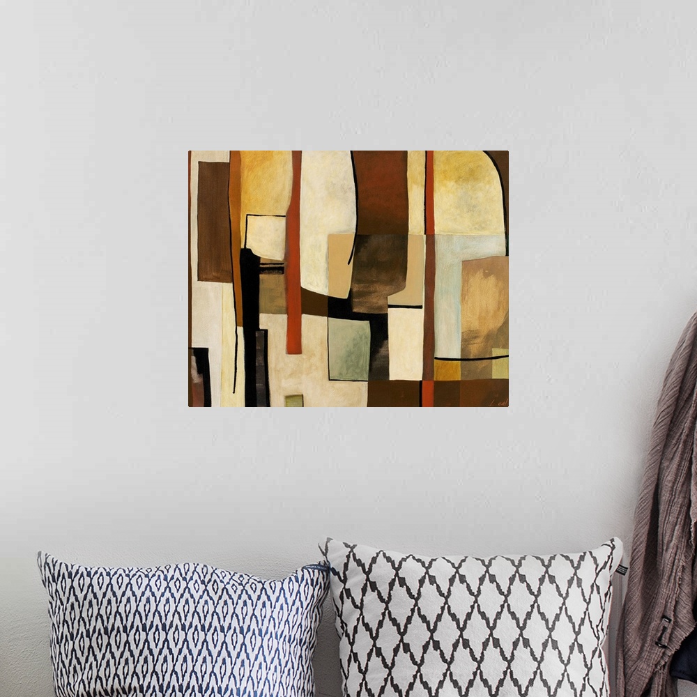 A bohemian room featuring Contemporary abstract painting warm and cool tones in geometric shapes.