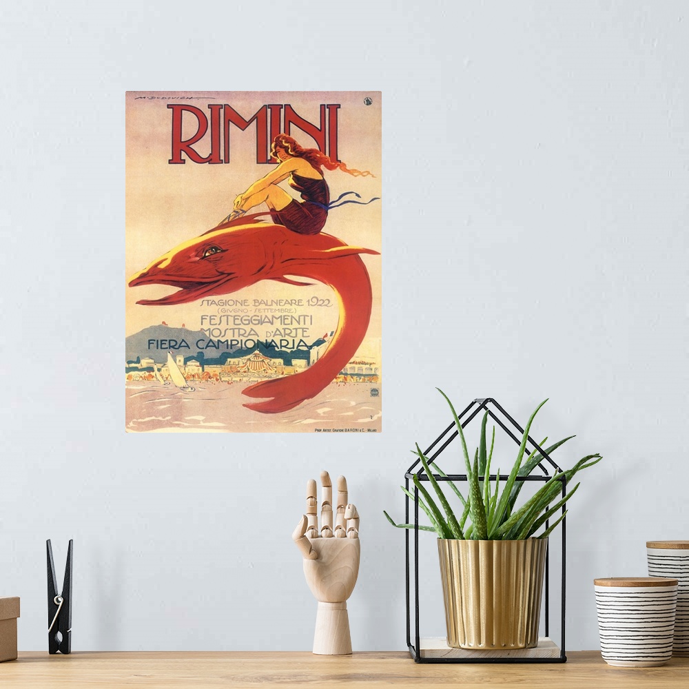 A bohemian room featuring Vintage poster advertisement for Rimini.