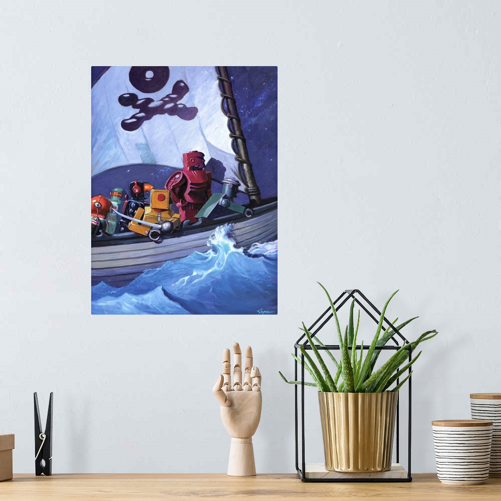 A bohemian room featuring A contemporary painting of a pirate ship with different colored retro toy robots sailing the high...
