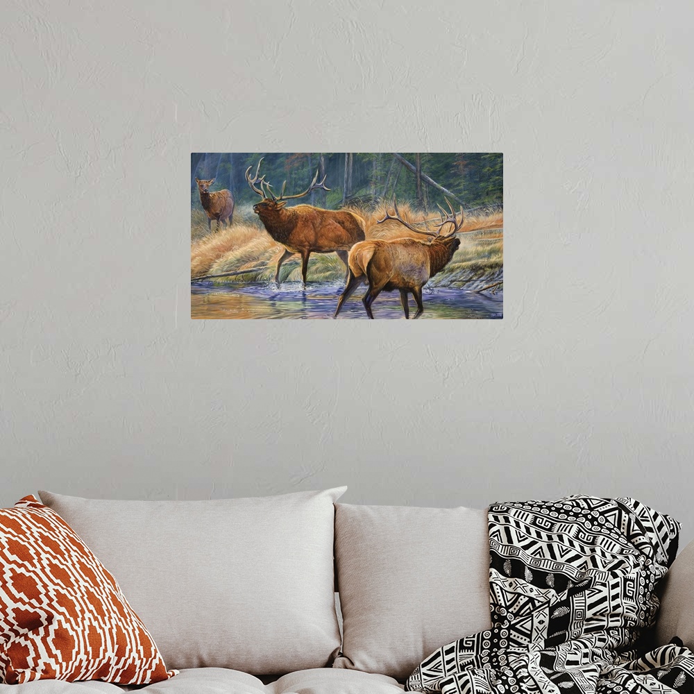 A bohemian room featuring two male elk challenging for female