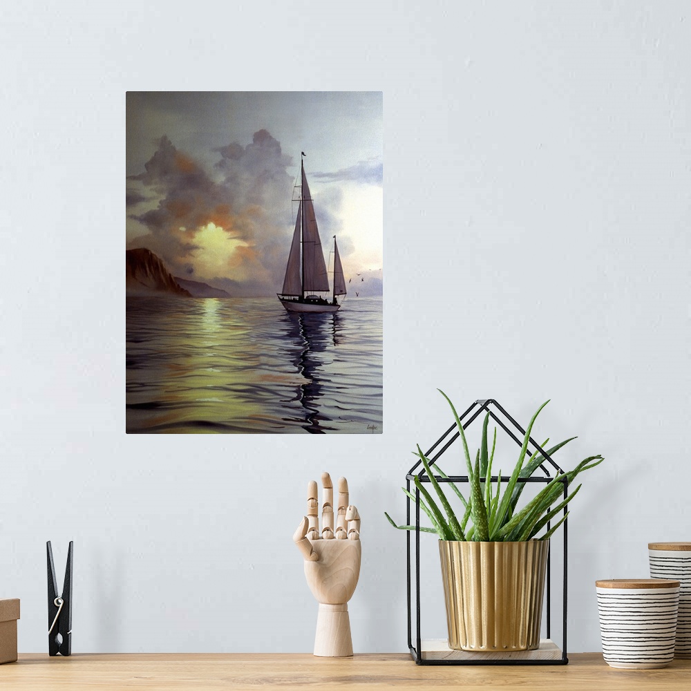 A bohemian room featuring Contemporary painting of a lone sailboat on calm waters at dusk.