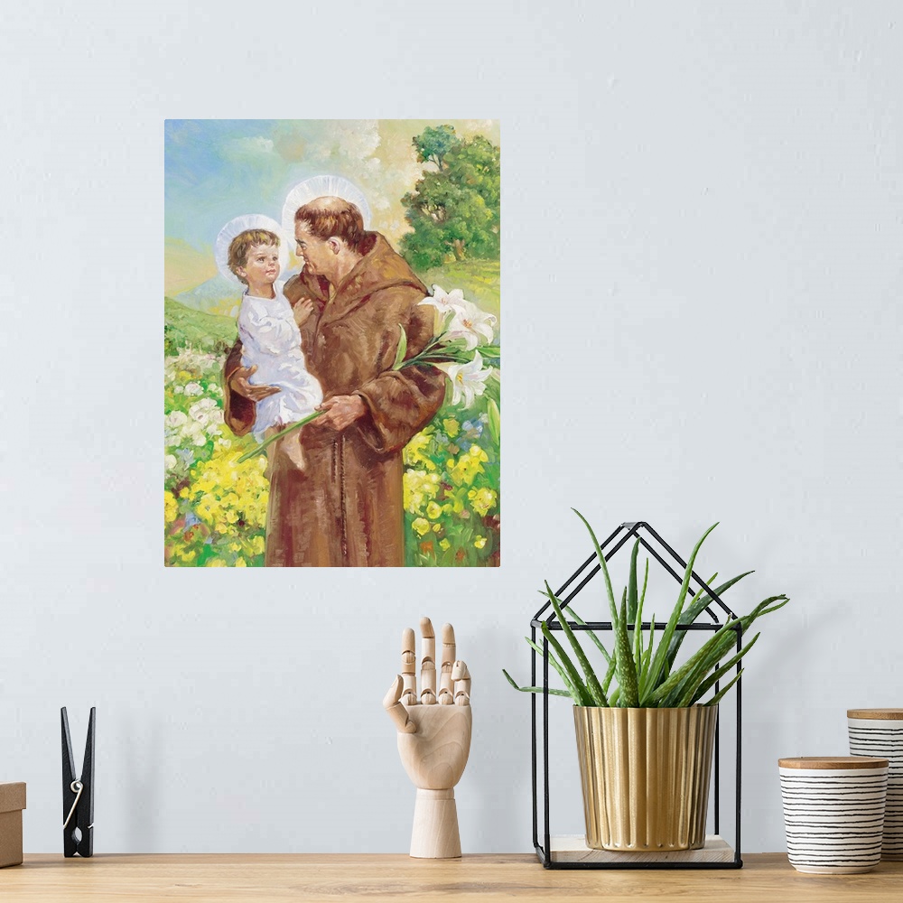A bohemian room featuring St. Francis, holding a child in a field of yellow and white flowers.