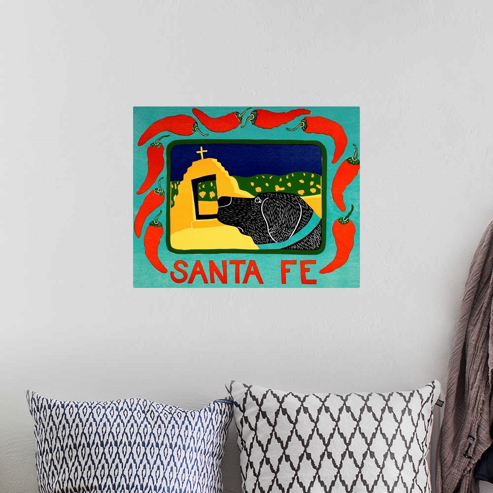 A bohemian room featuring Illustration of a black lab in Santa Fe framed in a blue frame with red chilies on it and the wor...