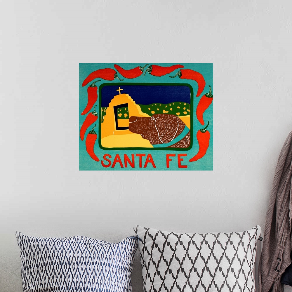 A bohemian room featuring Illustration of a chocolate lab in Santa Fe framed in a blue frame with red chilies on it and the...
