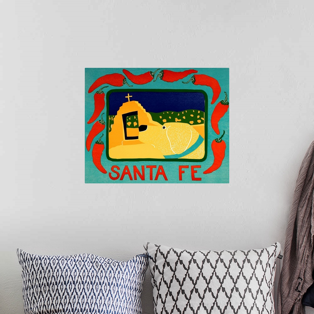 A bohemian room featuring Illustration of a yellow lab in Santa Fe framed in a blue frame with red chilies on it and the wo...
