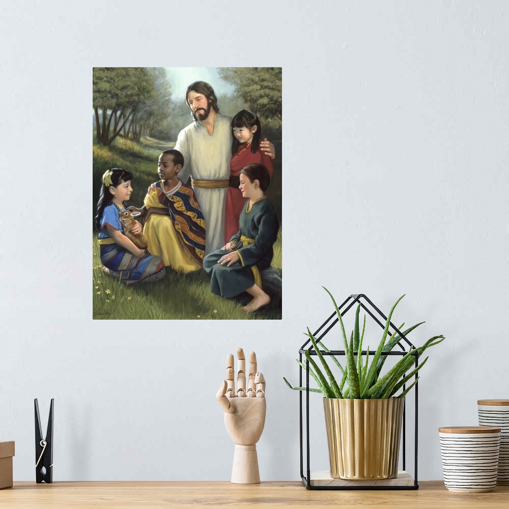 A bohemian room featuring Jesus with children of different ethnicities gathered around him.
