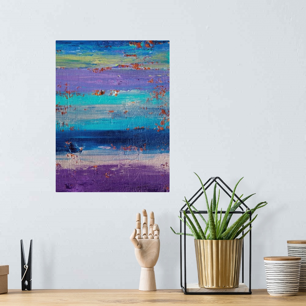 A bohemian room featuring Contemporary abstract painting in purple and blue.