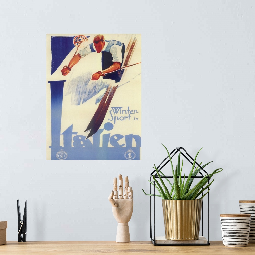 A bohemian room featuring Vintage poster advertisement for Skiing.