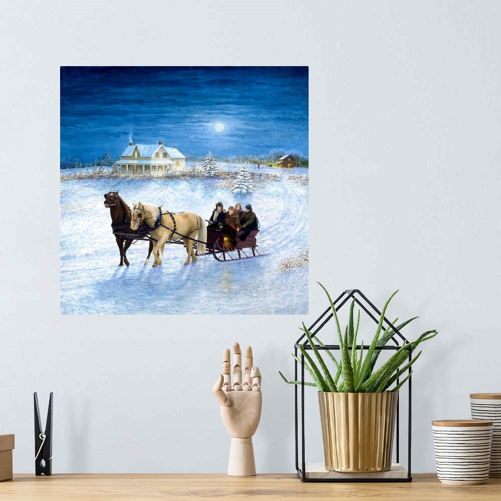 A bohemian room featuring Contemporary artwork of horse drawn sleigh in the winter.