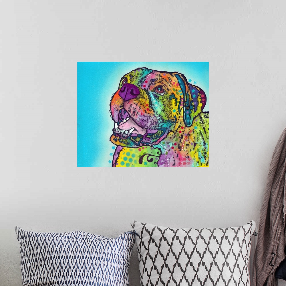 A bohemian room featuring Contemporary stencil painting of a smiling boxer filled with various colors and patterns.