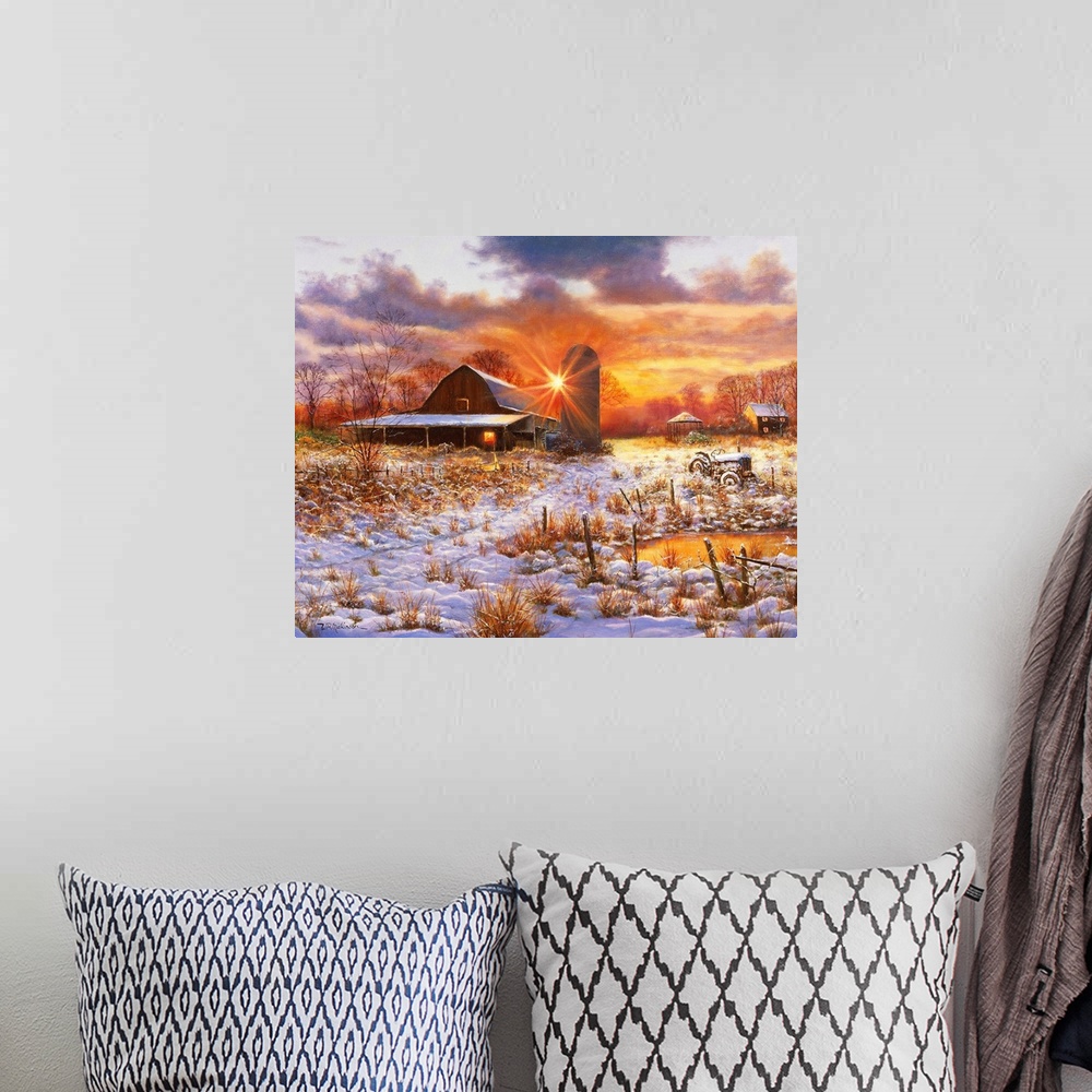 A bohemian room featuring Sunset over barn in snowy field.