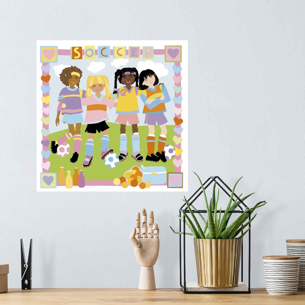 A bohemian room featuring Children's illustration of young girls playing soccer.