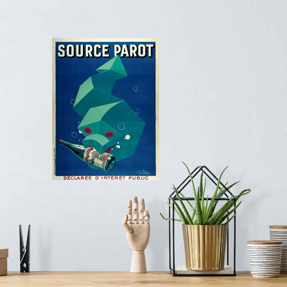 A bohemian room featuring A cubist eel grasps a bottle of source parot in its mouth