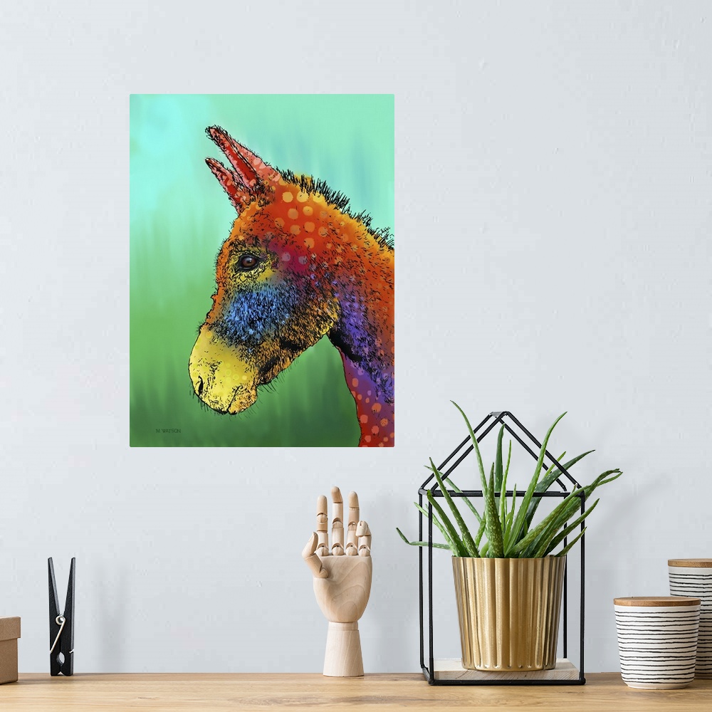 A bohemian room featuring Contemporary colorful artwork of a donkey against a colorful background.