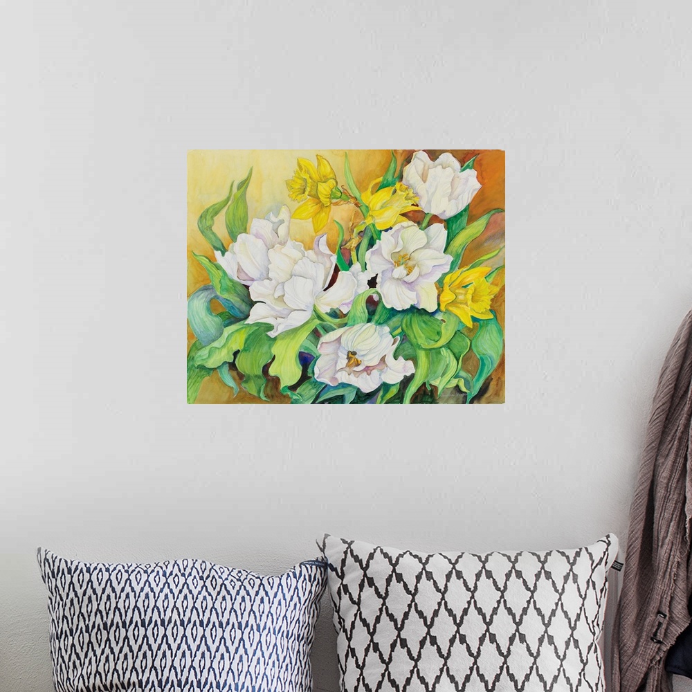 A bohemian room featuring Colorful contemporary painting of white and yellow flowers.
