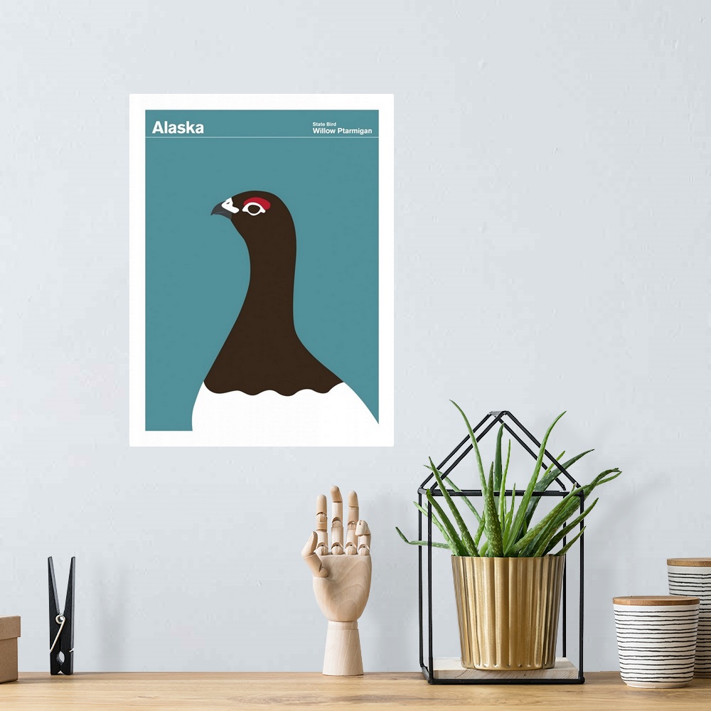 A bohemian room featuring State Posters - Alaska State Bird: Willow Ptarmigan