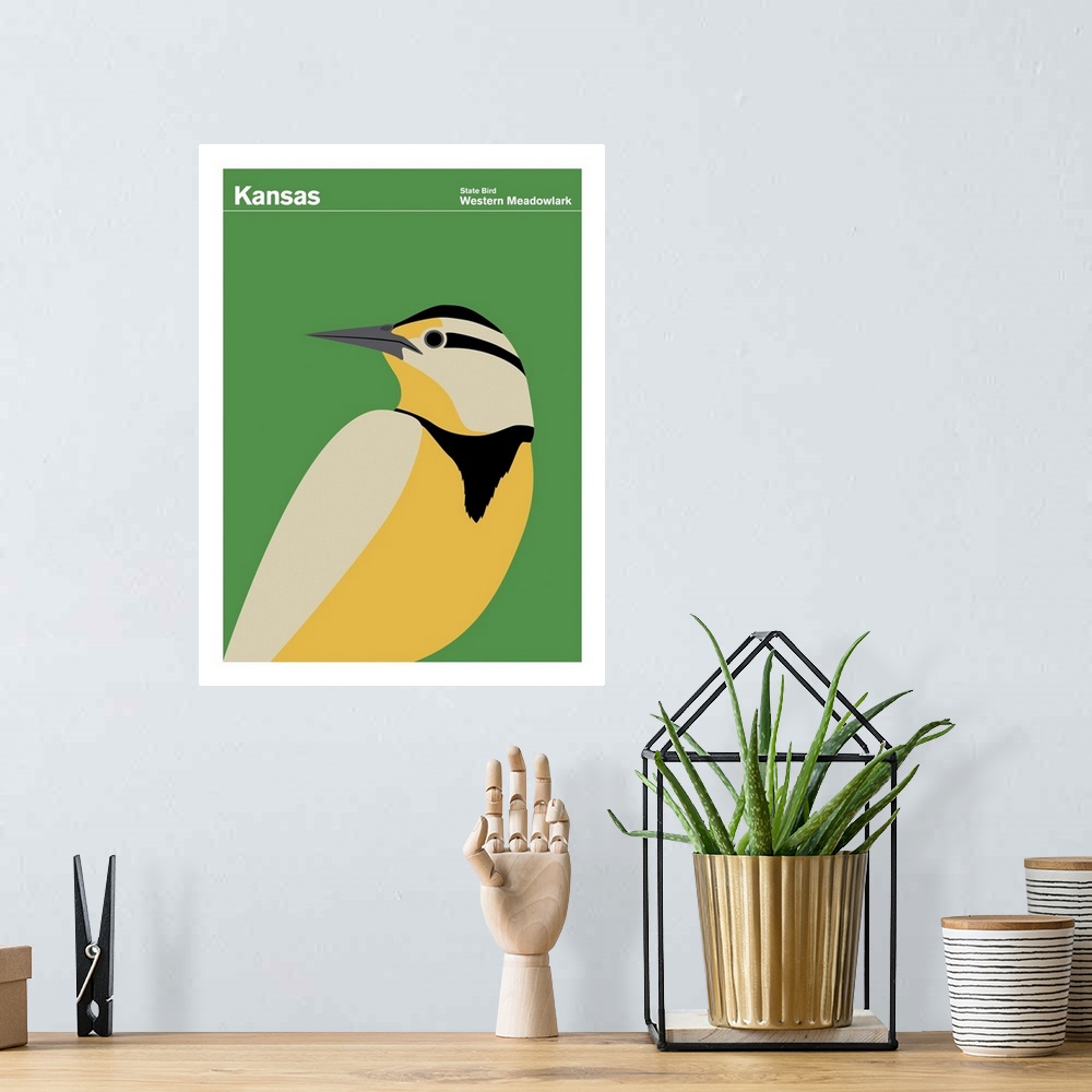 A bohemian room featuring State Posters - Kansas State Bird: Western Meadowlark