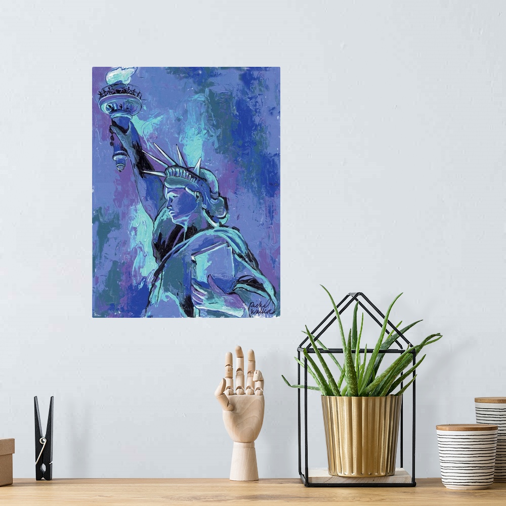 A bohemian room featuring A portrait of the statue of liberty in violets and blues.