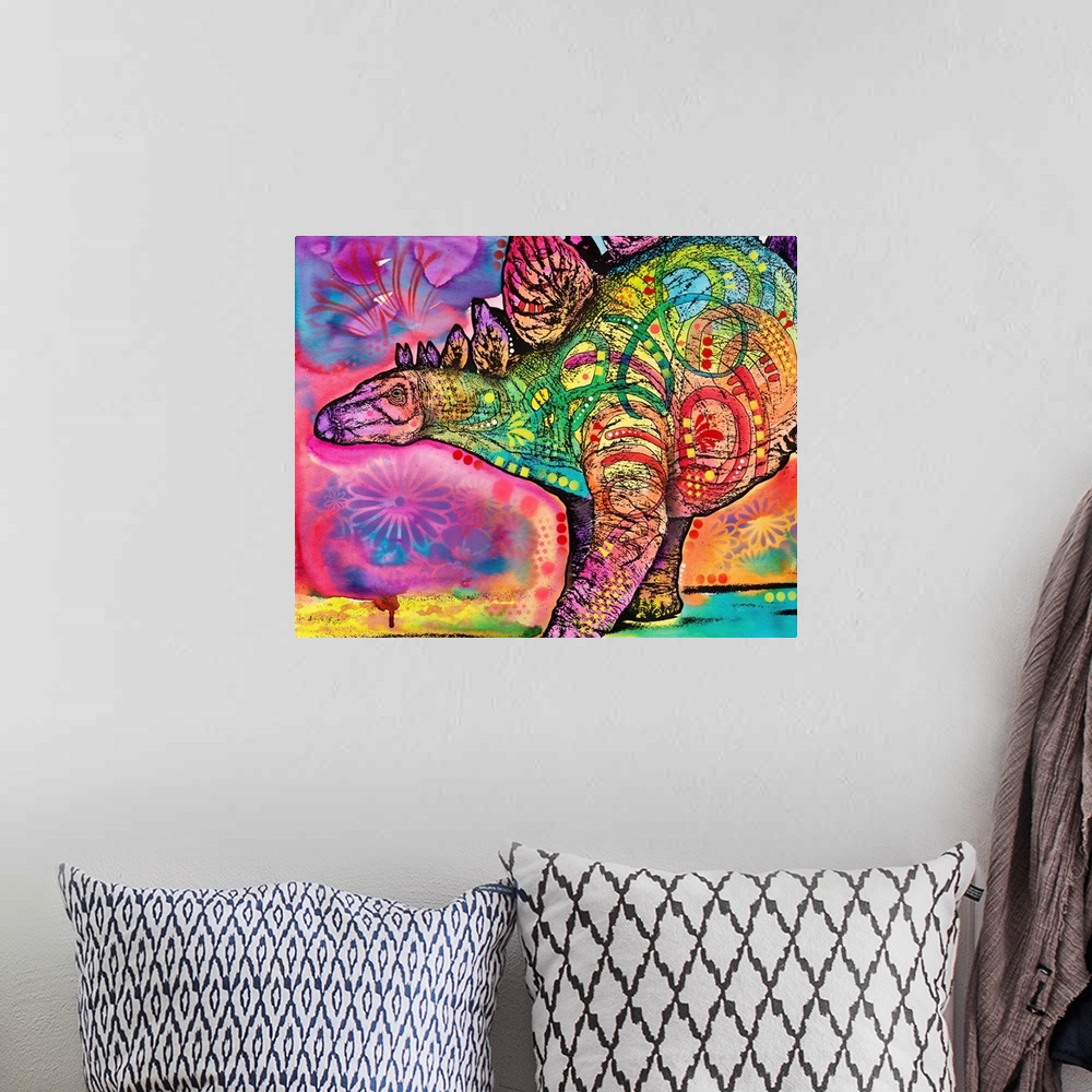 A bohemian room featuring Colorful painting of a Stegosaurus with abstract markings.