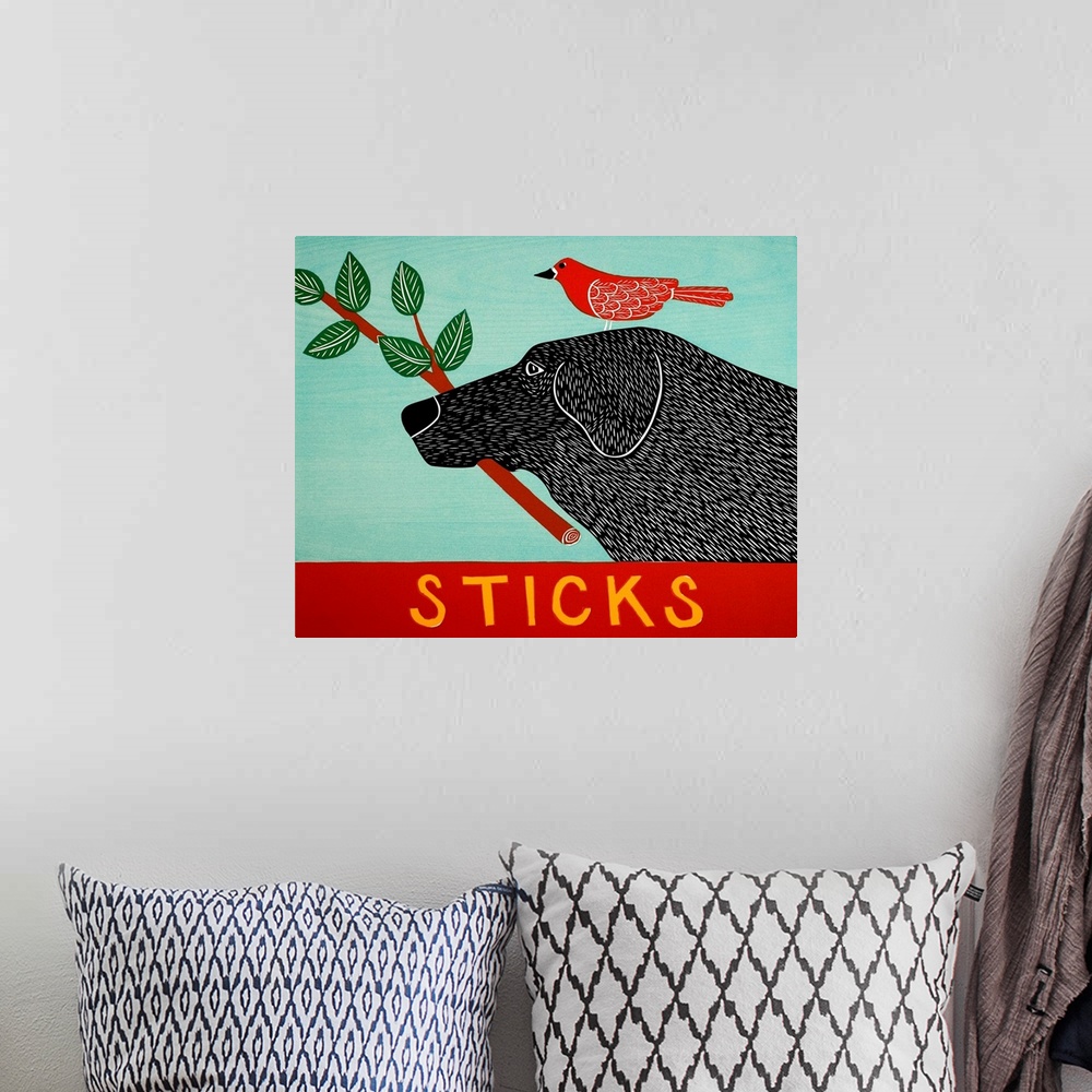 A bohemian room featuring Illustration of a black lab with a red bird standing on its head and a leafy stick in its mouth.