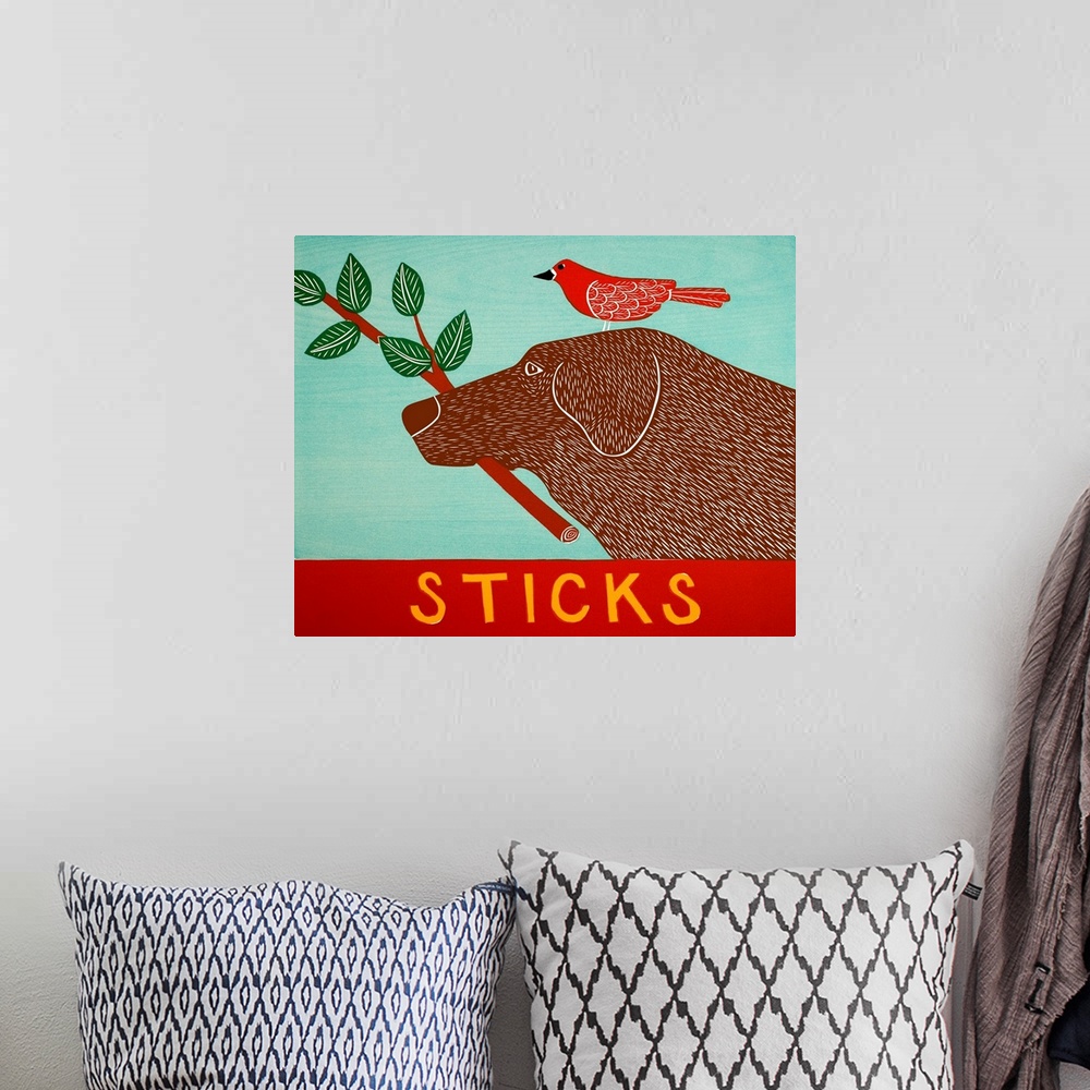 A bohemian room featuring Illustration of a chocolate lab with a red bird standing on its head and a leafy stick in its mouth.