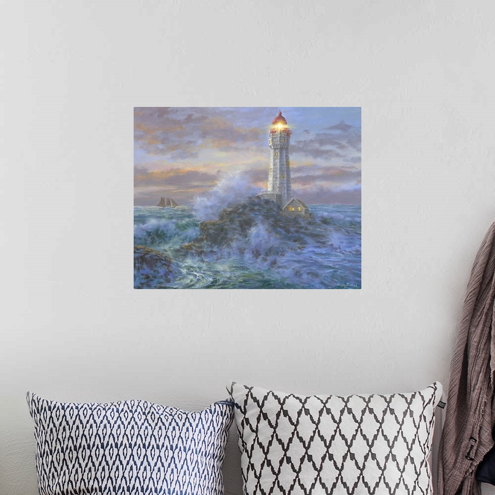 A bohemian room featuring Painting of lighthouse scene featuring glowing windows. Product is a painting reproduction only, ...