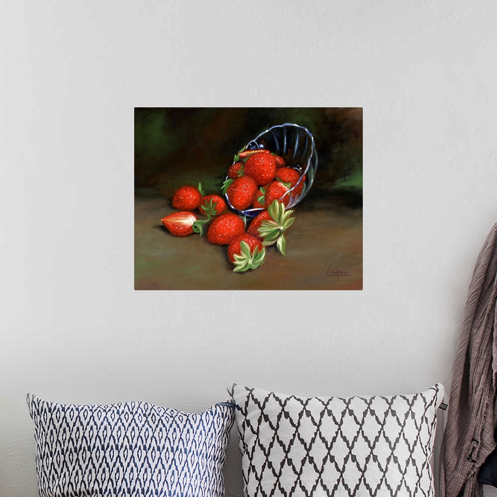 A bohemian room featuring Contemporary still life of a spilled bowl of strawberries.