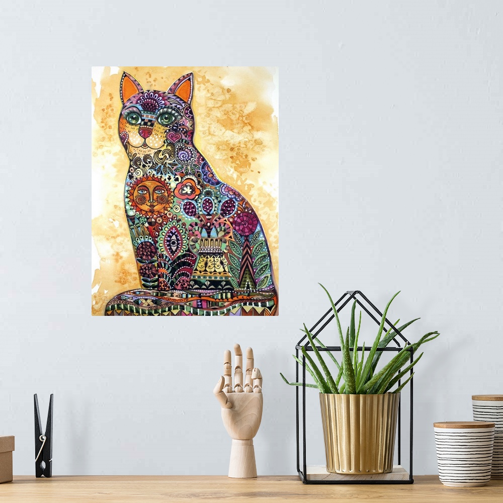 A bohemian room featuring Watercolor painting of a cat decorated with floral patterns and a smiling sun.