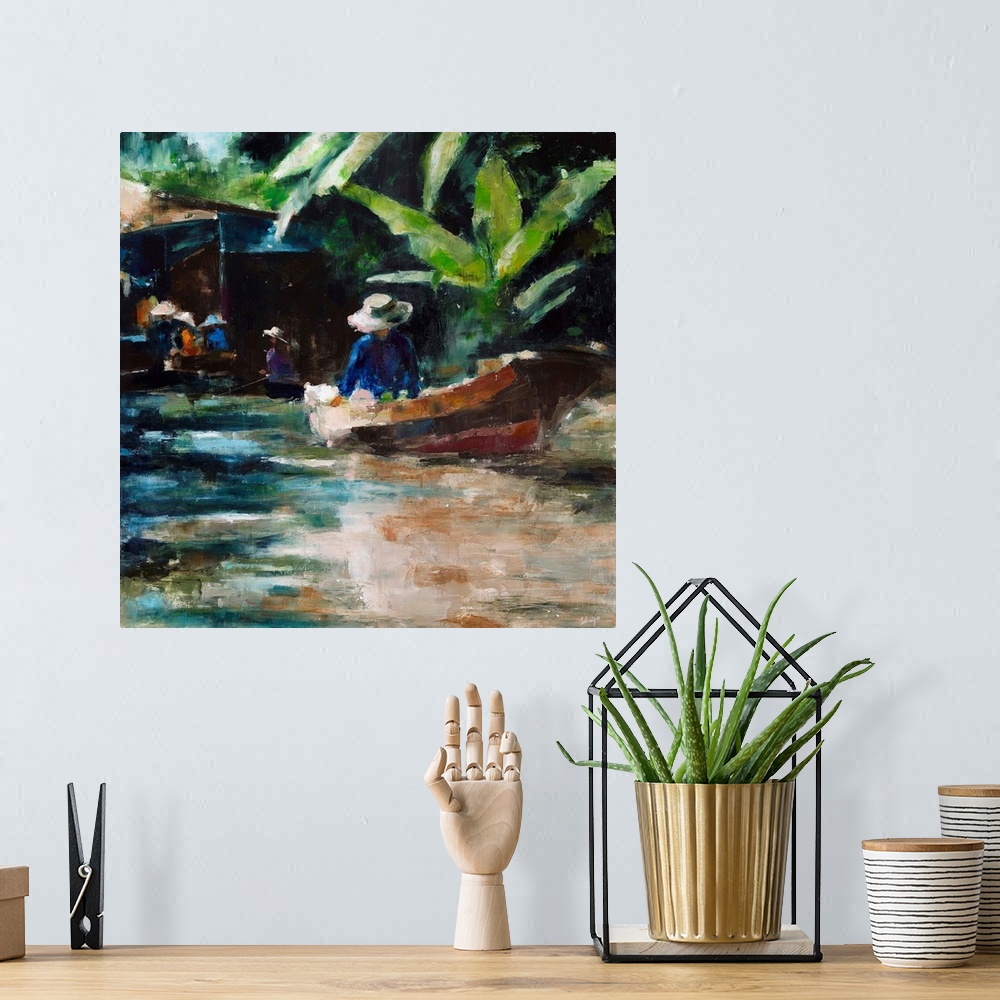 A bohemian room featuring Contemporary painting of a person in a boat on a river.