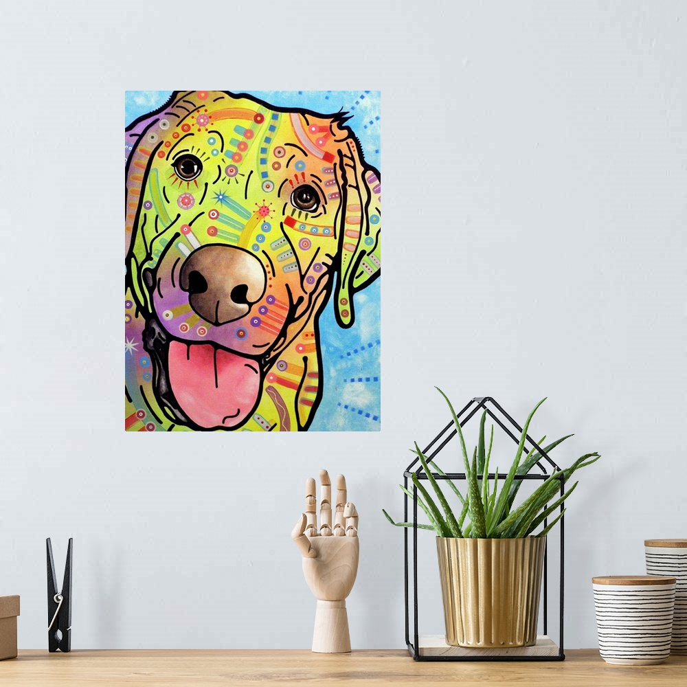 A bohemian room featuring Contemporary painting of a Labrador with bright colors and designs all over.