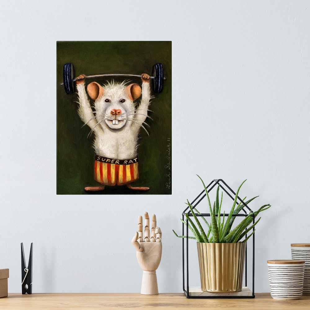 A bohemian room featuring Surrealist painting of a white rat lifting a dumbbell.