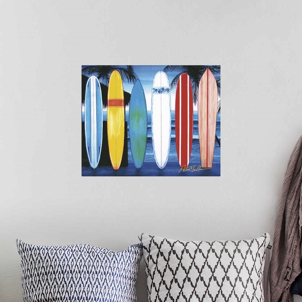 A bohemian room featuring Contemporary painting of surfboards lined up on a tropical beach.
