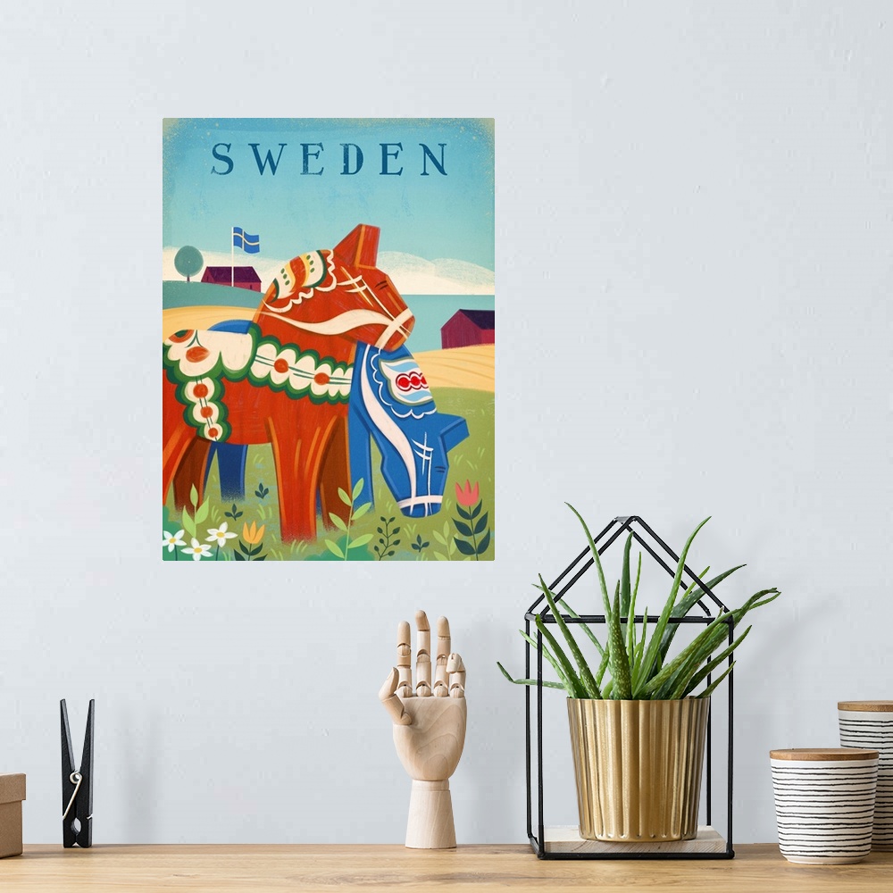 A bohemian room featuring Sweden Dala Horses
