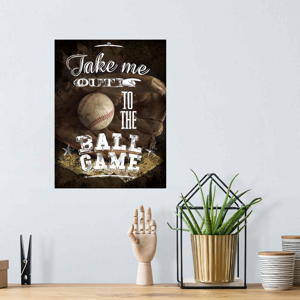 A bohemian room featuring The words "Take me out to the ball game" in a variety of fonts over an image of a baseball in a g...