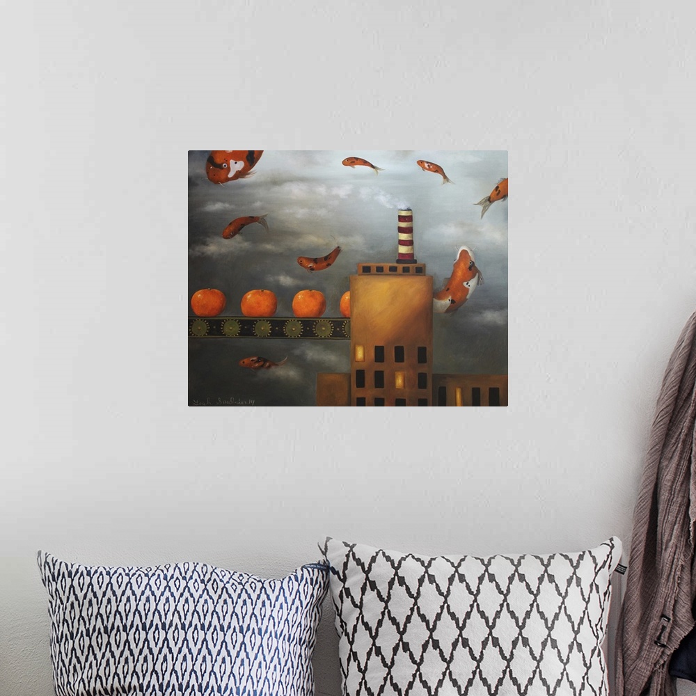 A bohemian room featuring Surrealist painting of a factory under a gray sky with orange koi fish floating in the sky.