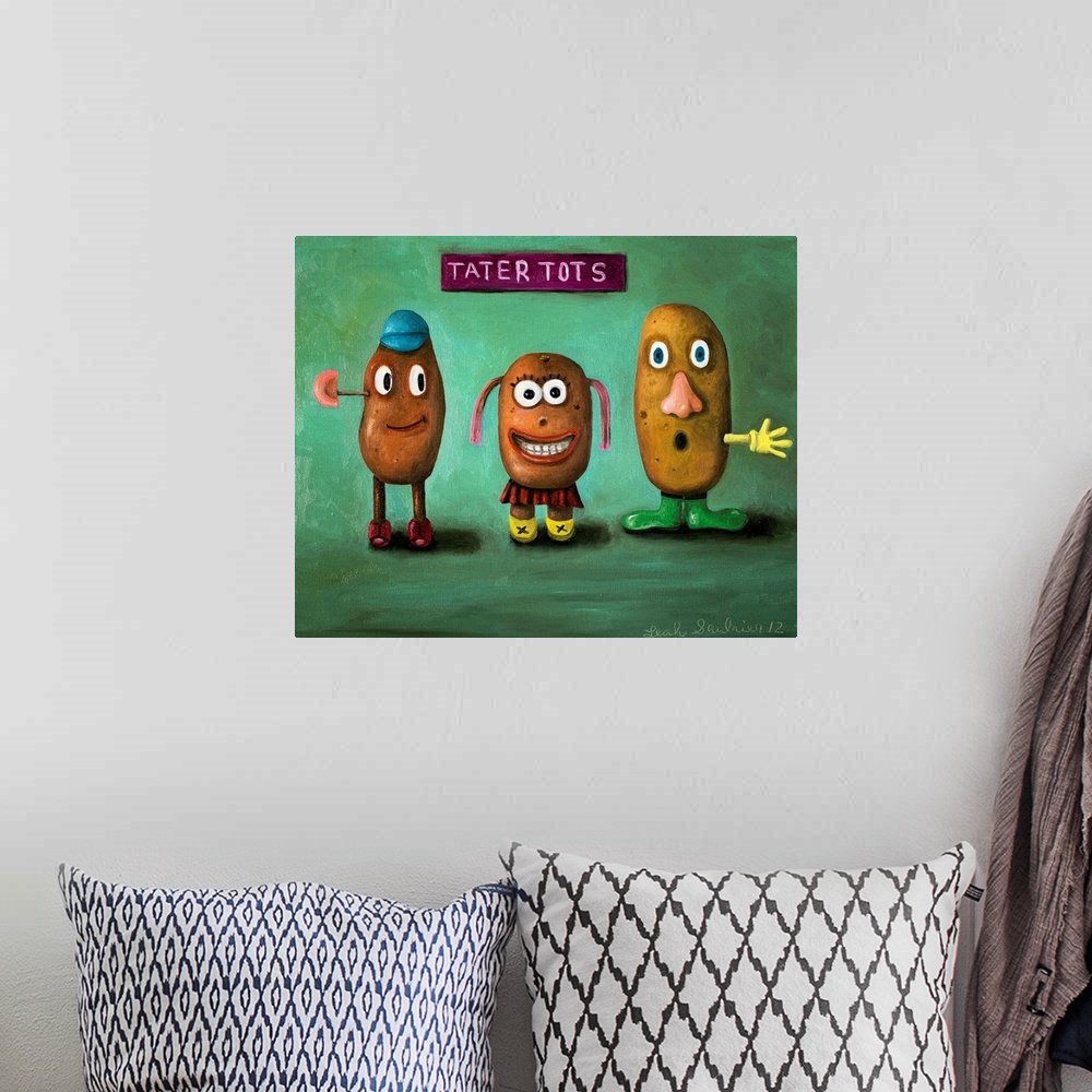A bohemian room featuring Surrealist painting of a portrait of a three potato head children.