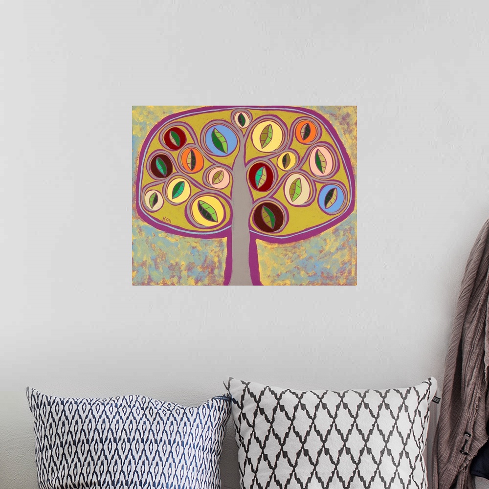 A bohemian room featuring Contemporary painting of a tree with curled branches and round leaves.
