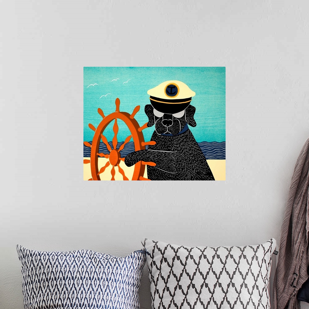A bohemian room featuring Illustration of a black lab wearing a sailors hat and pawing a ship wheel on the beach.