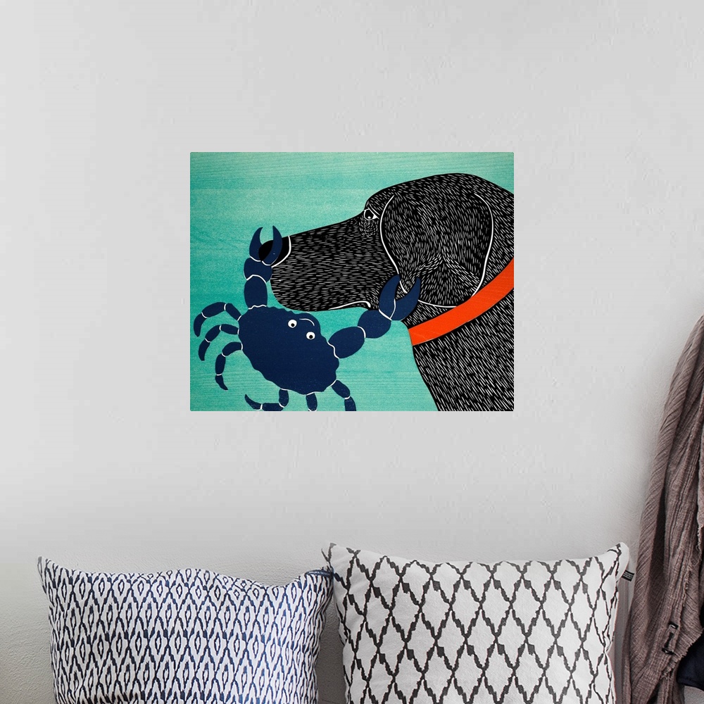 A bohemian room featuring Illustration of a black lab with a blue crab pinching its nose and ear.