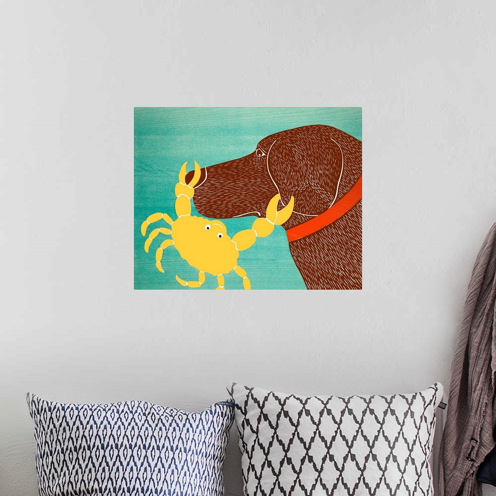 A bohemian room featuring Illustration of a chocolate lab with a yellow crab pinching its nose and ear.