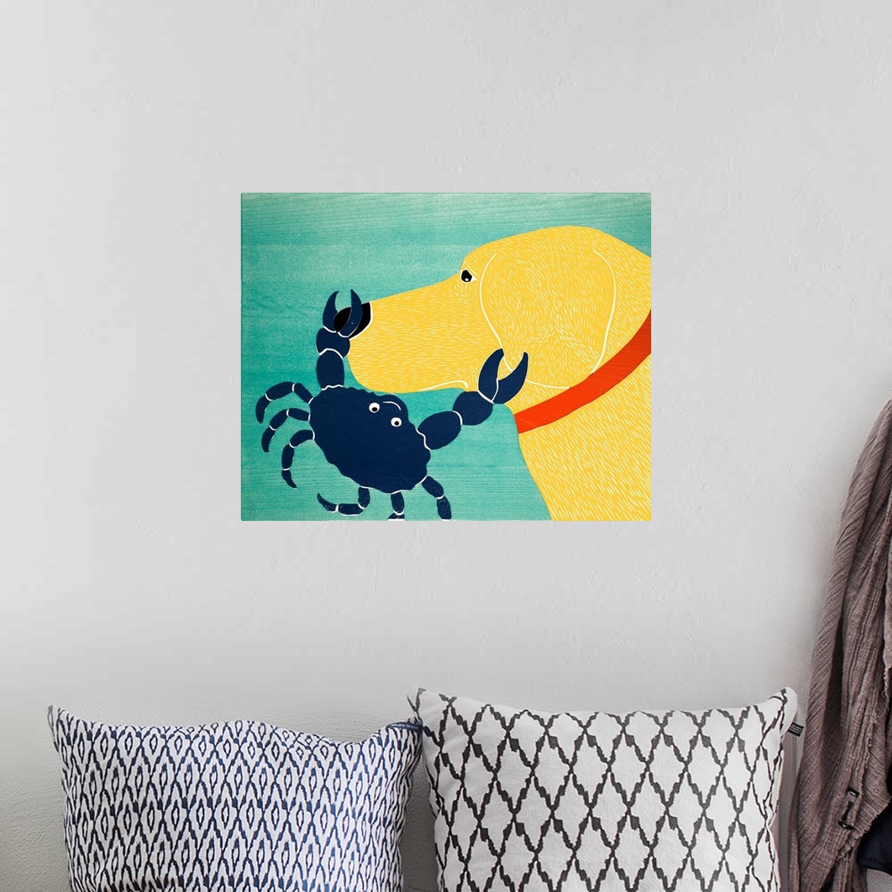 A bohemian room featuring Illustration of a yellow lab with a blue crab pinching its nose and ear.