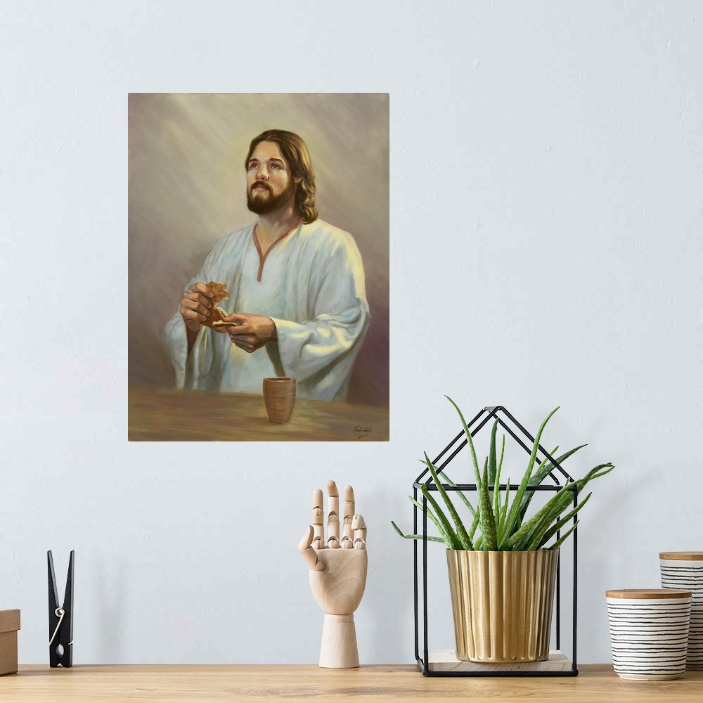 A bohemian room featuring Jesus holding bread.