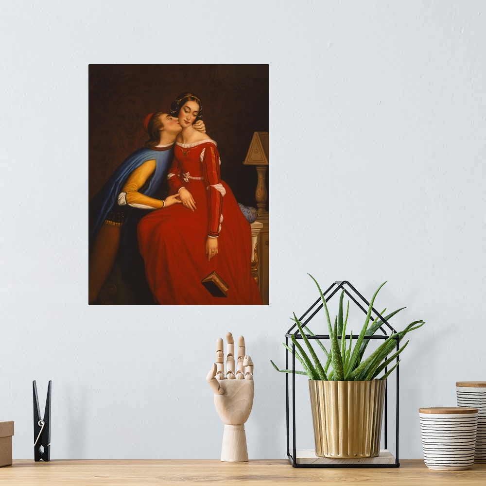 A bohemian room featuring Contemporary painting of a renaissance couple kissing.
