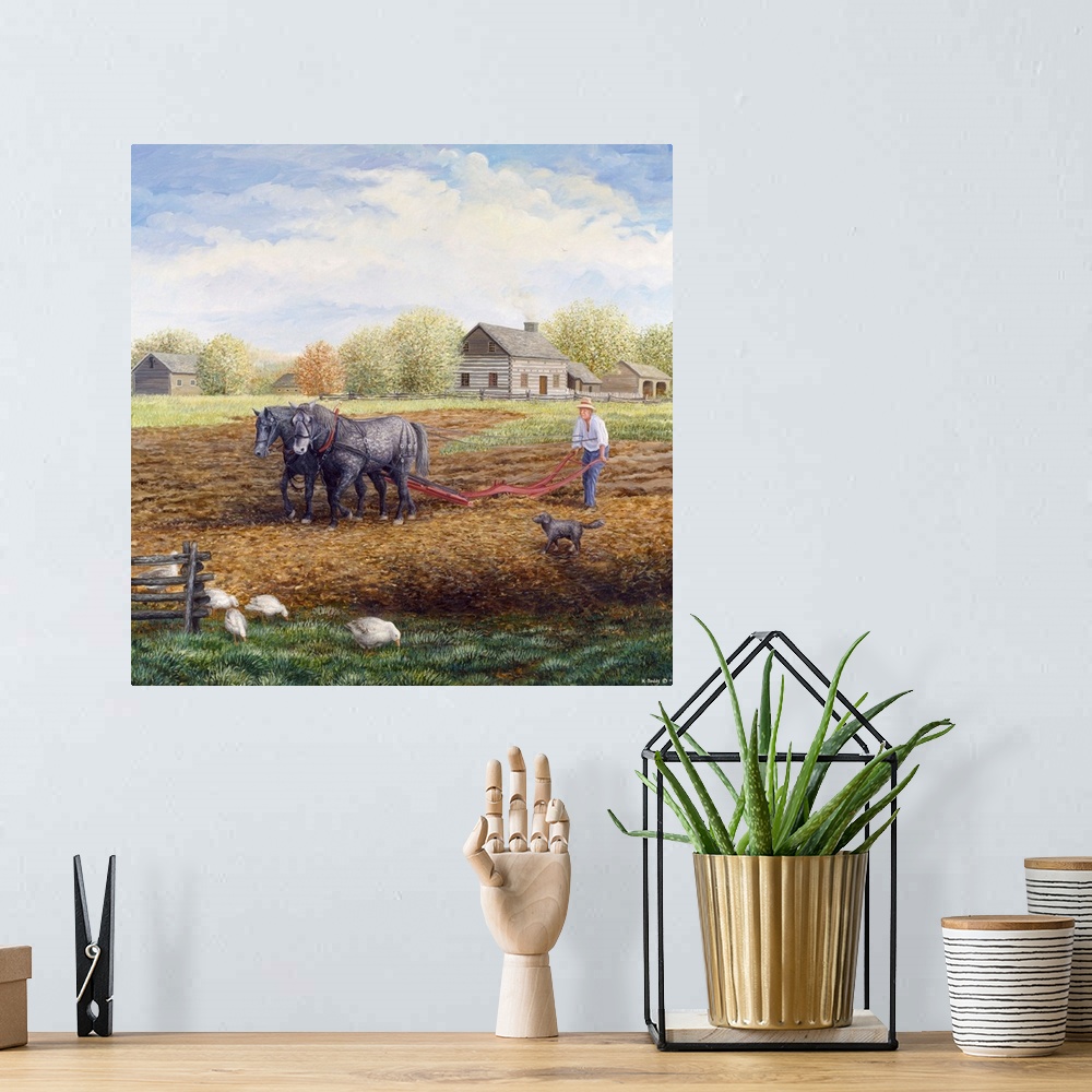 A bohemian room featuring Contemporary artwork of a farmer plowing the land with his horses.